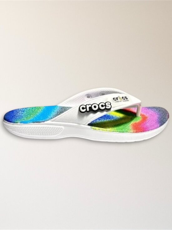CROCS Shoes - NWT Crocs Classic Flip Rainbow White Spray Tie Dye Sandals Womens 6 Beach Travel